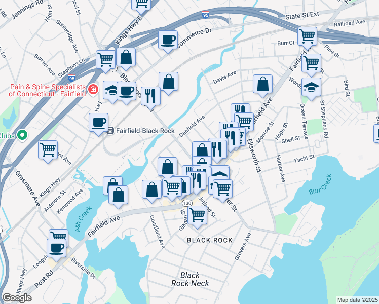 map of restaurants, bars, coffee shops, grocery stores, and more near 189 Alfred Street in Bridgeport