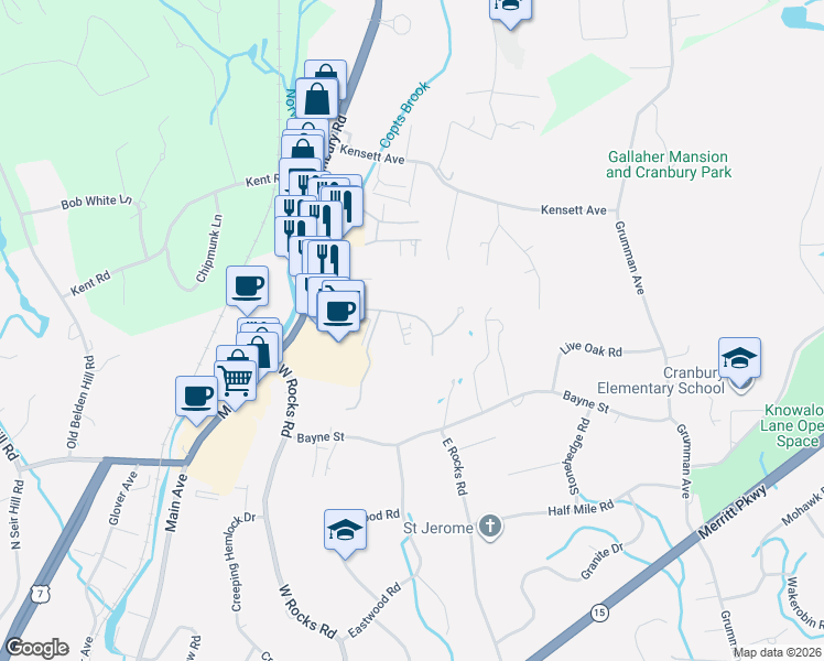 map of restaurants, bars, coffee shops, grocery stores, and more near 804 Foxboro Drive in Norwalk
