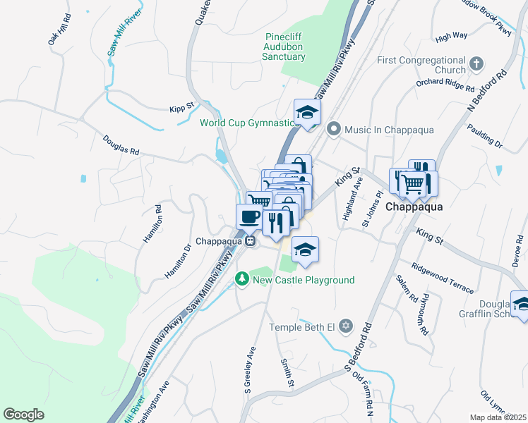 map of restaurants, bars, coffee shops, grocery stores, and more near 36 Hunts Place in Chappaqua