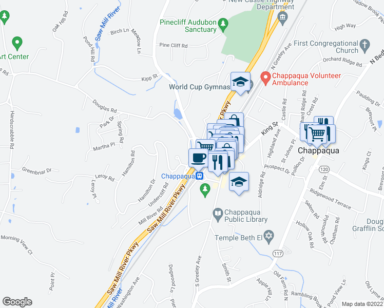 map of restaurants, bars, coffee shops, grocery stores, and more near 18 Mill River Road in Chappaqua