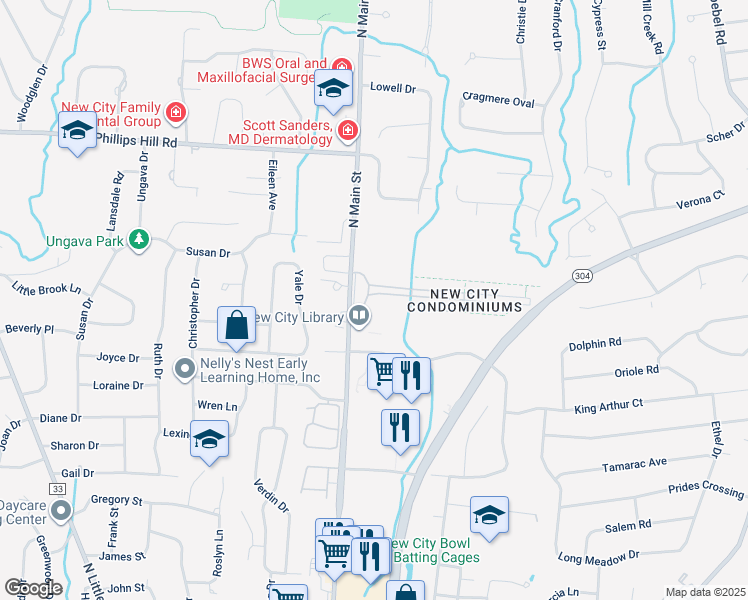 map of restaurants, bars, coffee shops, grocery stores, and more near 1 Heritage Drive in New City
