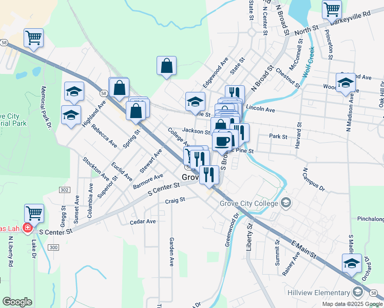 map of restaurants, bars, coffee shops, grocery stores, and more near 243 West Pine Street in Grove City