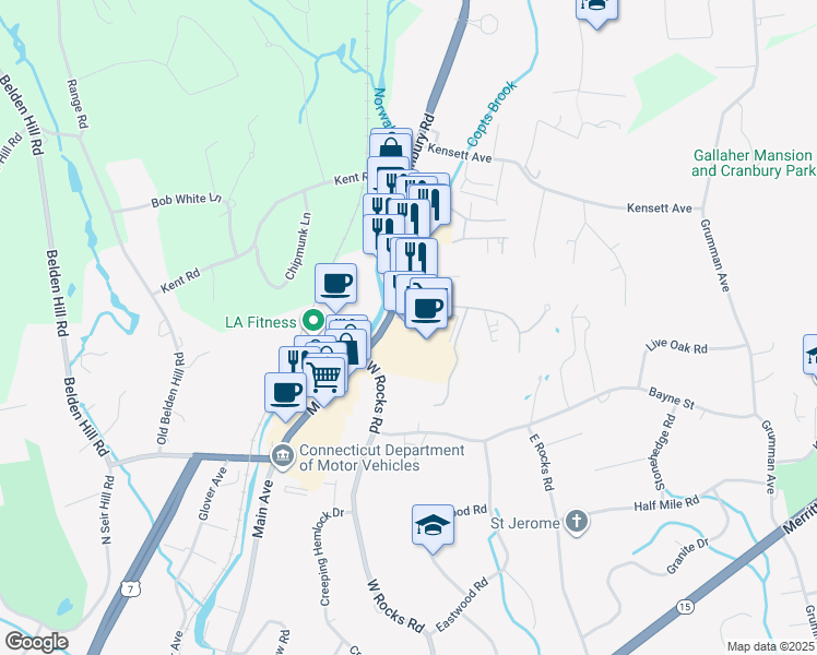 map of restaurants, bars, coffee shops, grocery stores, and more near 654 Main Avenue in Norwalk