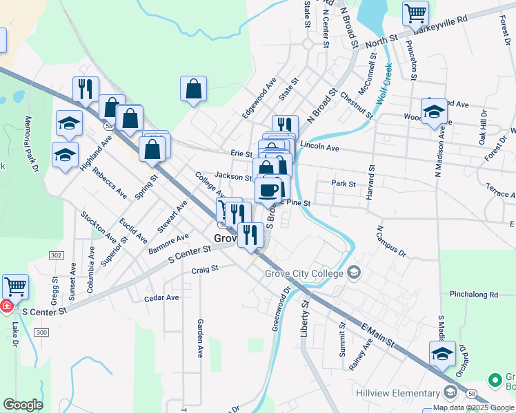 map of restaurants, bars, coffee shops, grocery stores, and more near 141 South Center Street in Grove City
