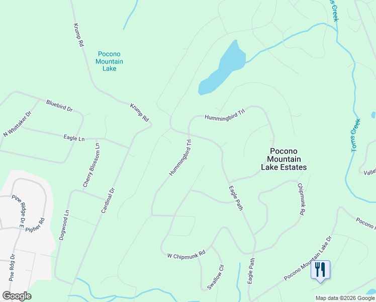map of restaurants, bars, coffee shops, grocery stores, and more near Hummingbird Trail in Bushkill