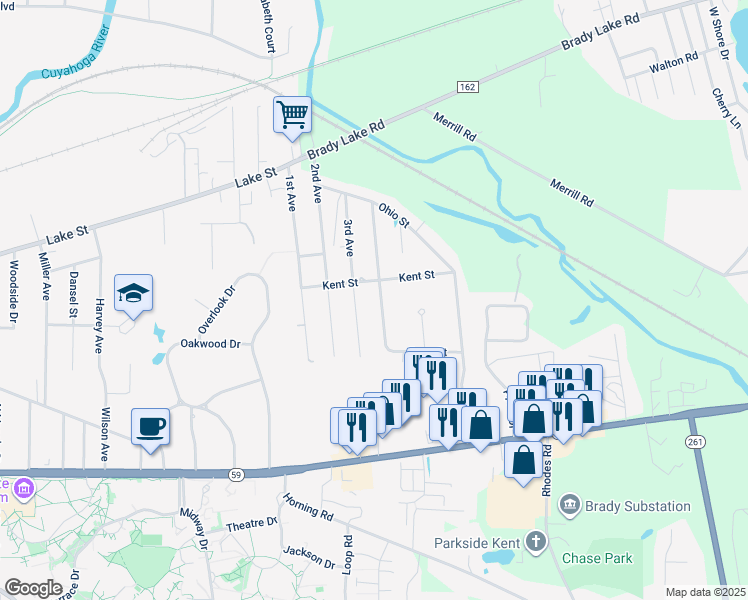 map of restaurants, bars, coffee shops, grocery stores, and more near 1656 Kent Street in Kent