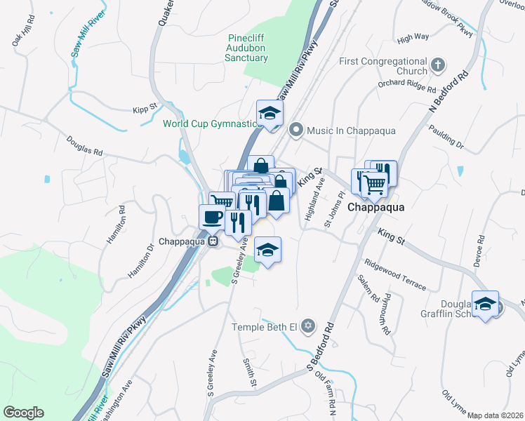 map of restaurants, bars, coffee shops, grocery stores, and more near 95 King Street in Chappaqua