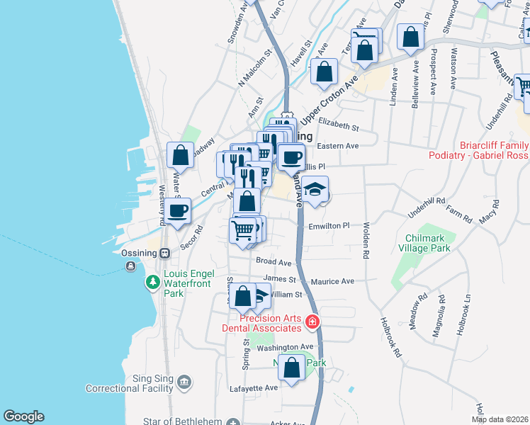 map of restaurants, bars, coffee shops, grocery stores, and more near 8 Maple Place in Ossining