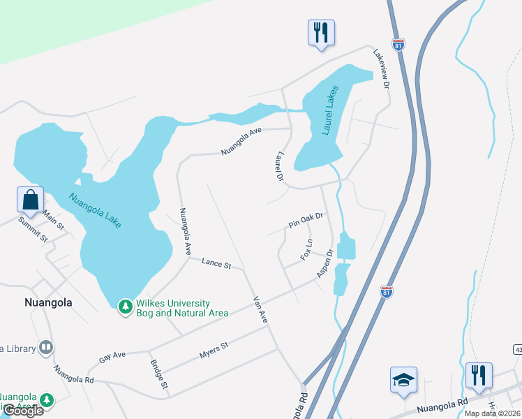 map of restaurants, bars, coffee shops, grocery stores, and more near 1-99 Vista Dr in Mountain Top