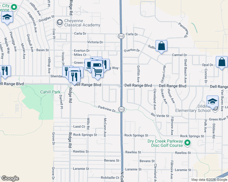 map of restaurants, bars, coffee shops, grocery stores, and more near 3975-4099 Dell Range Boulevard in Cheyenne