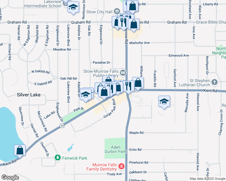 map of restaurants, bars, coffee shops, grocery stores, and more near 3311 Kent Road in Stow