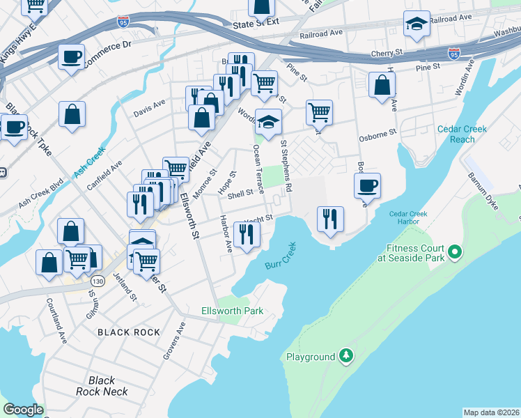 map of restaurants, bars, coffee shops, grocery stores, and more near 55 Shell Street in Bridgeport