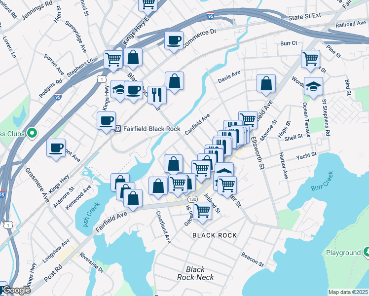 map of restaurants, bars, coffee shops, grocery stores, and more near 189 Alfred Street in Bridgeport