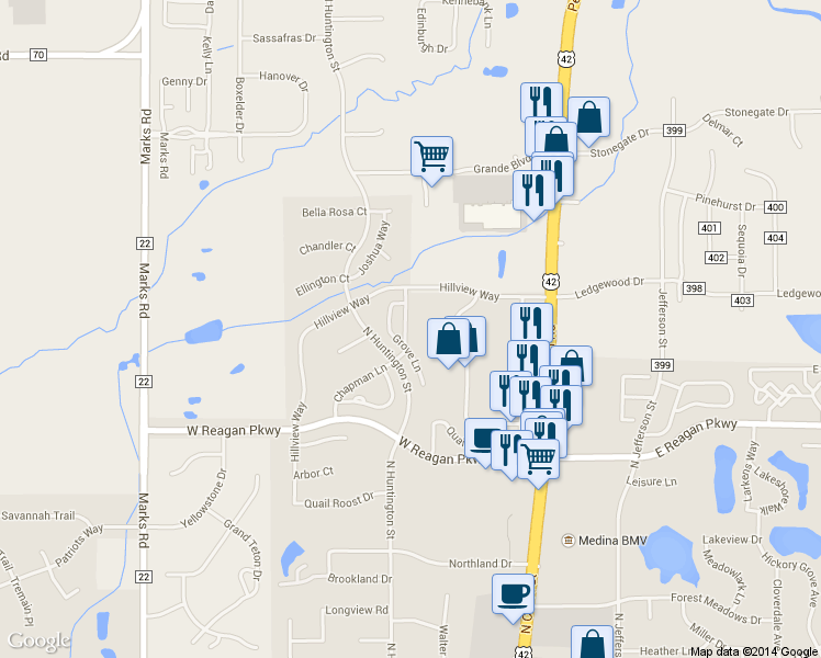 map of restaurants, bars, coffee shops, grocery stores, and more near 1204 Grove Lane in Medina