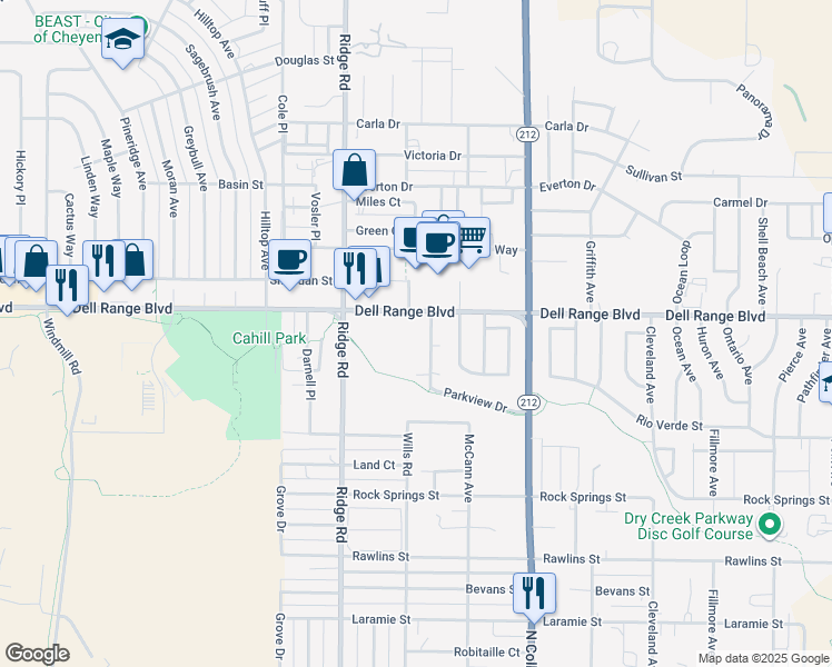 map of restaurants, bars, coffee shops, grocery stores, and more near 4500 Parkview Drive in Cheyenne