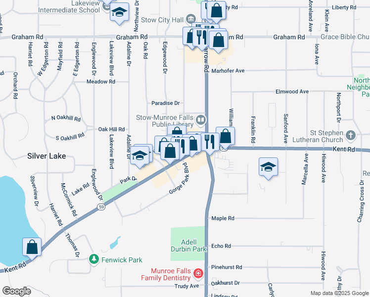 map of restaurants, bars, coffee shops, grocery stores, and more near 3311 Kent Road in Stow