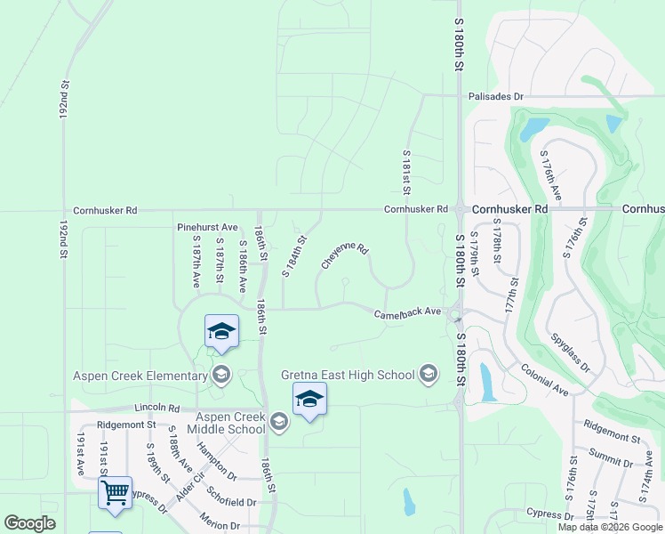 map of restaurants, bars, coffee shops, grocery stores, and more near 18305 Cheyenne Road in Omaha