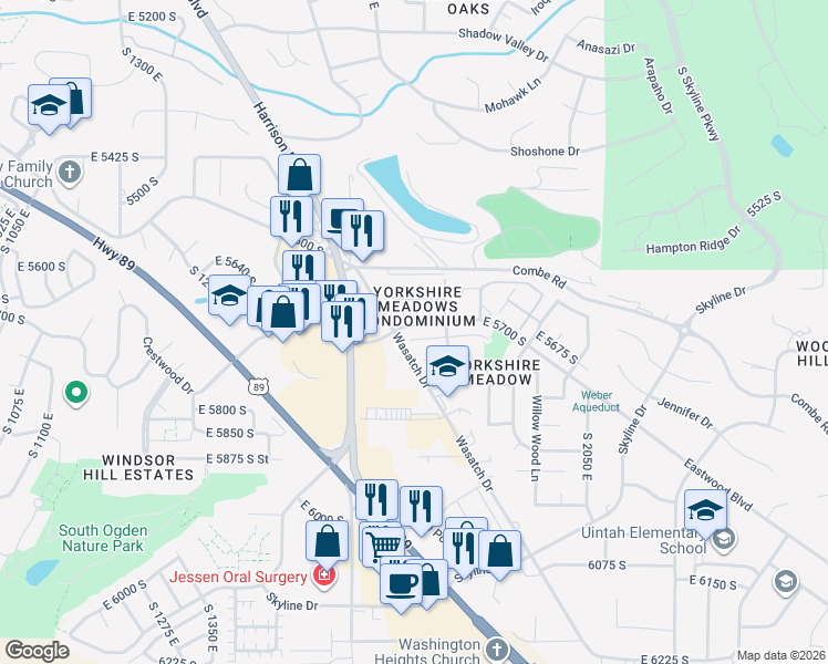 map of restaurants, bars, coffee shops, grocery stores, and more near 1786 East 5725 South in Ogden