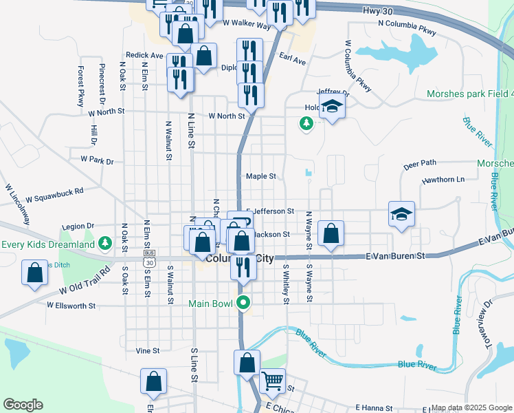 map of restaurants, bars, coffee shops, grocery stores, and more near 304 N Main St in Columbia City