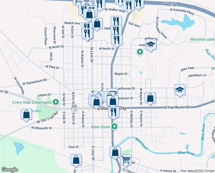 map of restaurants, bars, coffee shops, grocery stores, and more near 108 West Jefferson Street in Columbia City