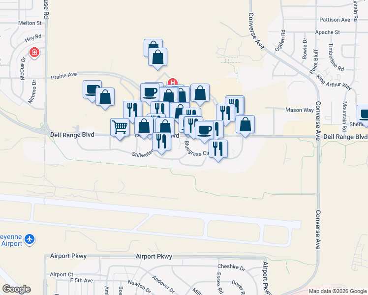 map of restaurants, bars, coffee shops, grocery stores, and more near 1801 Spring Court in Cheyenne