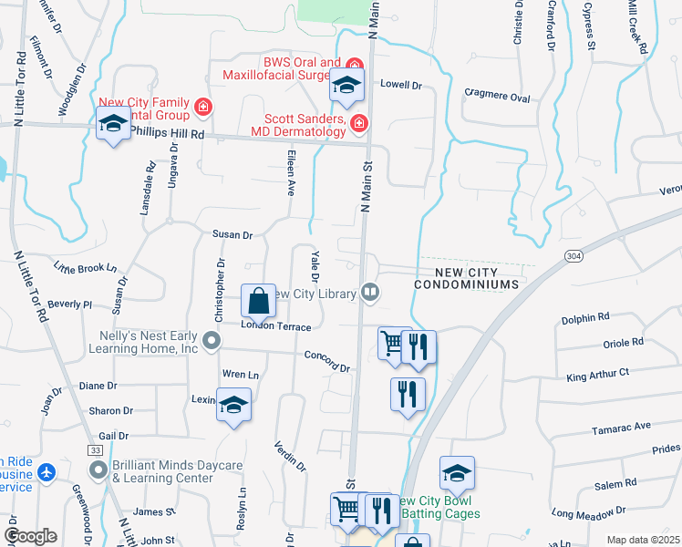 map of restaurants, bars, coffee shops, grocery stores, and more near 233 North Main Street in New City