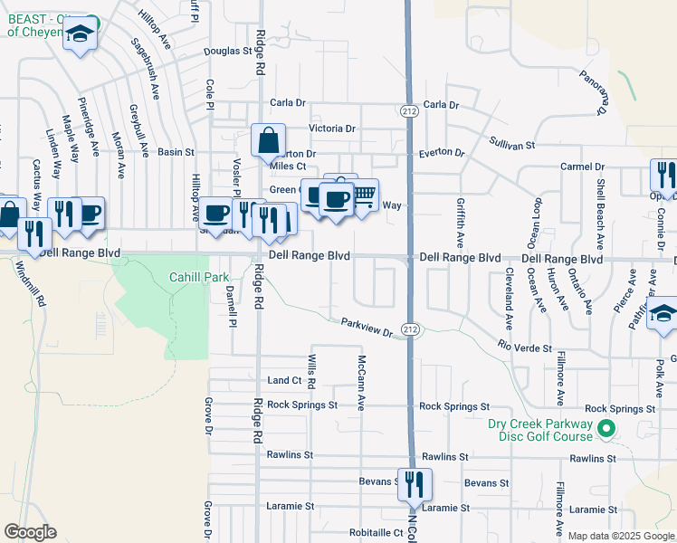 map of restaurants, bars, coffee shops, grocery stores, and more near 4525 Parkview Drive in Cheyenne