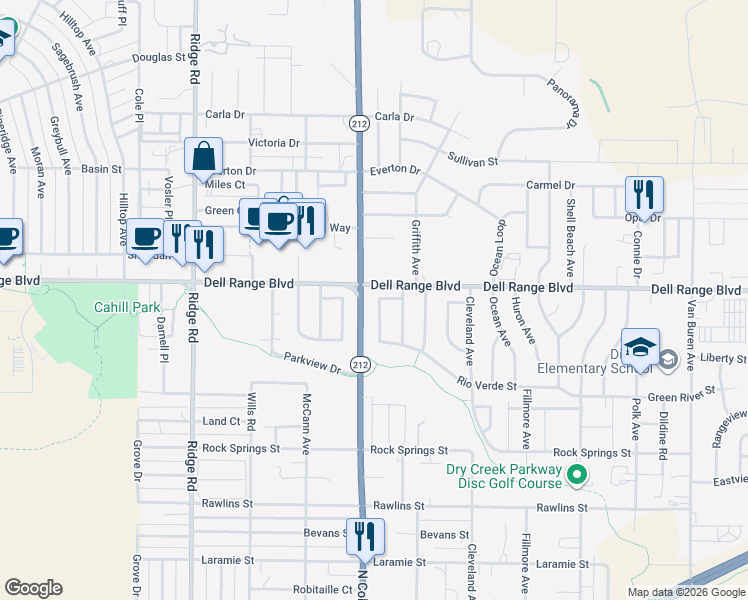 map of restaurants, bars, coffee shops, grocery stores, and more near 4150-4198 Dell Range Boulevard in Cheyenne