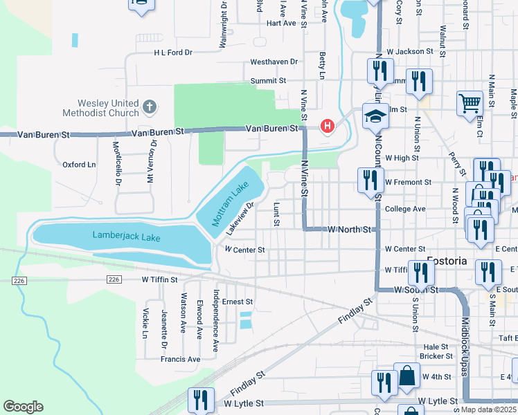 map of restaurants, bars, coffee shops, grocery stores, and more near 720 College Avenue in Fostoria