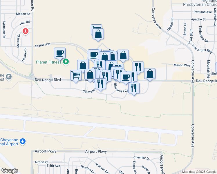map of restaurants, bars, coffee shops, grocery stores, and more near 1772 Spring Court in Cheyenne