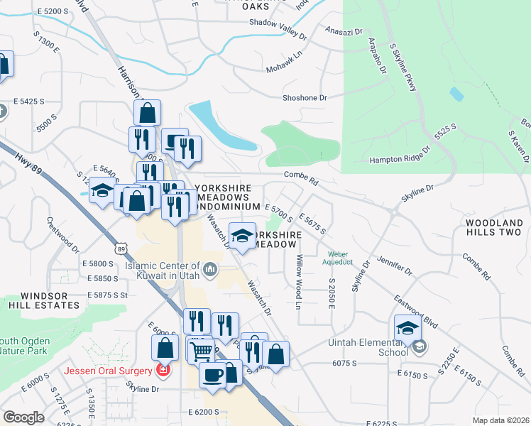 map of restaurants, bars, coffee shops, grocery stores, and more near 1880 Eastwood Boulevard in South Ogden