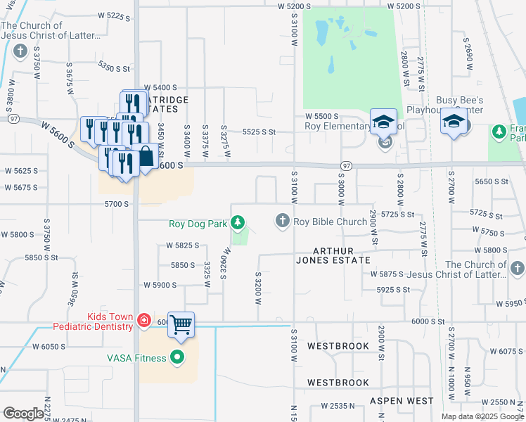 map of restaurants, bars, coffee shops, grocery stores, and more near 3171 West 5700 South in Roy