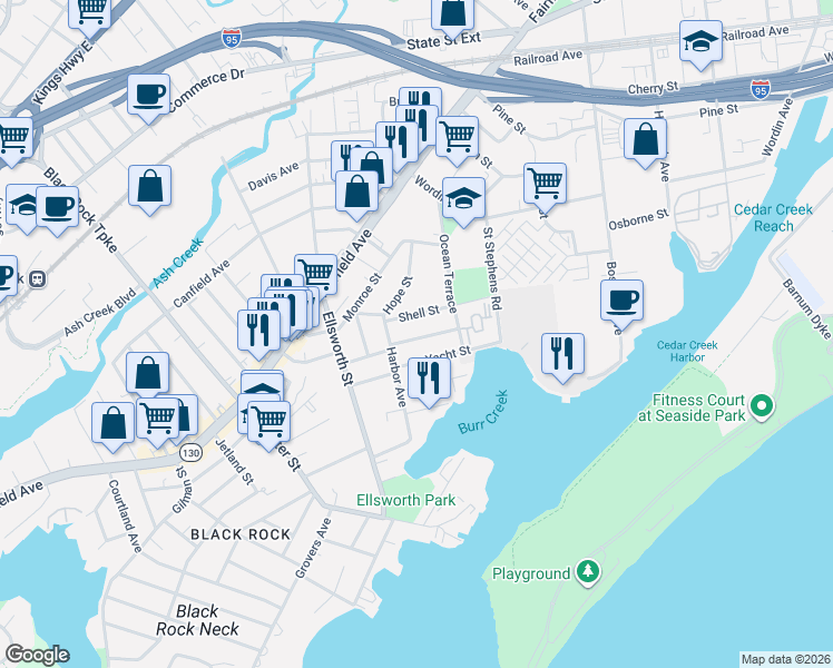 map of restaurants, bars, coffee shops, grocery stores, and more near 155 Shell Street in Bridgeport