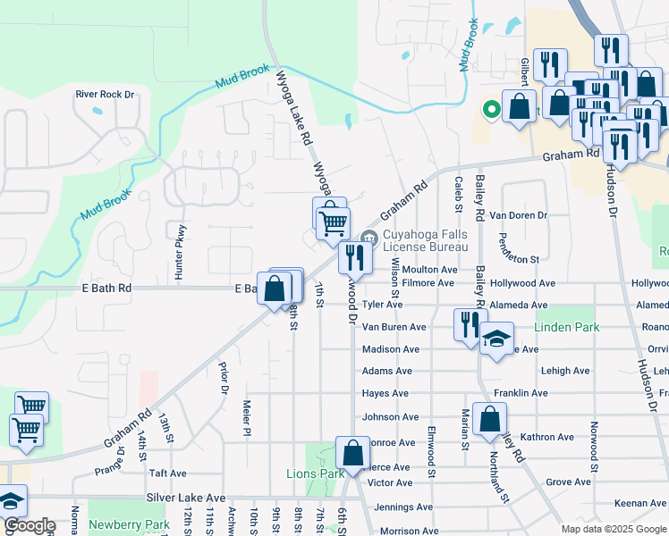 map of restaurants, bars, coffee shops, grocery stores, and more near 612 Graham Road in Cuyahoga Falls