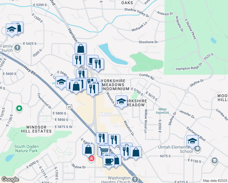 map of restaurants, bars, coffee shops, grocery stores, and more near 1798 East 5725 South in South Ogden
