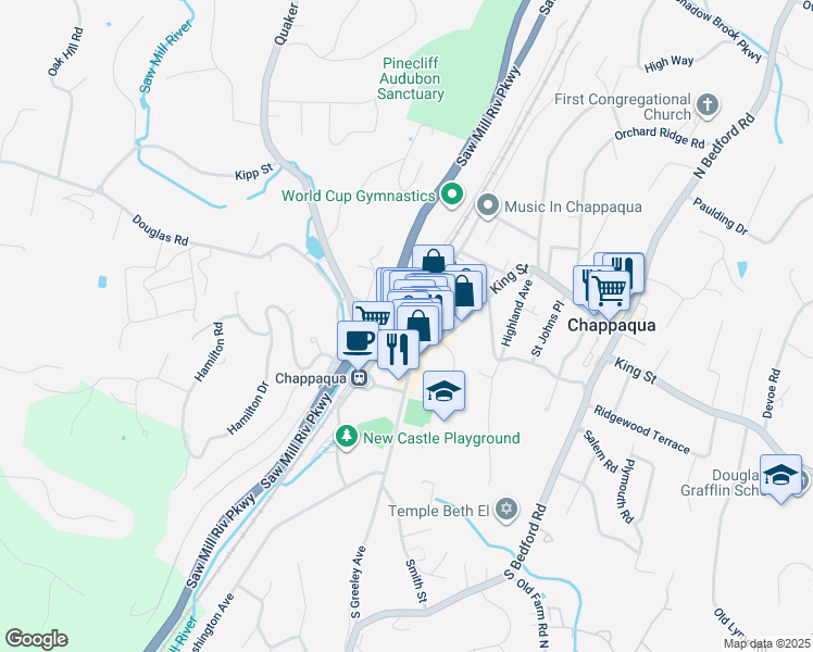 map of restaurants, bars, coffee shops, grocery stores, and more near 17 King Street in Chappaqua
