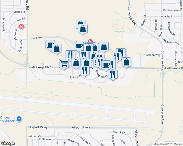 map of restaurants, bars, coffee shops, grocery stores, and more near 1786 Spring Court in Cheyenne