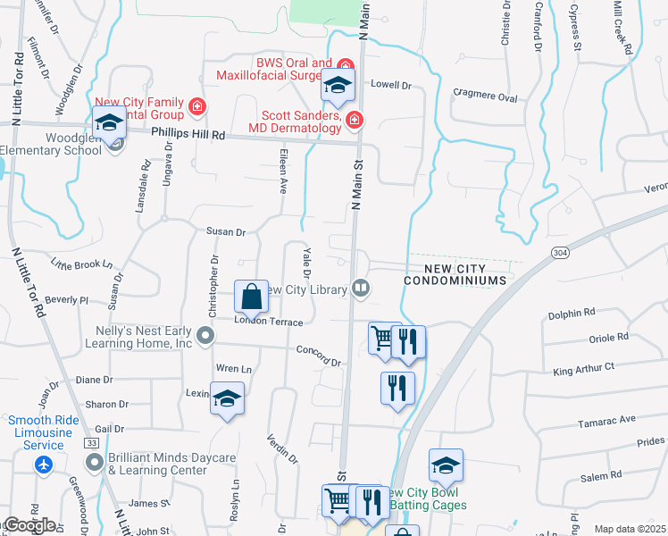 map of restaurants, bars, coffee shops, grocery stores, and more near 233 North Main Street in New City