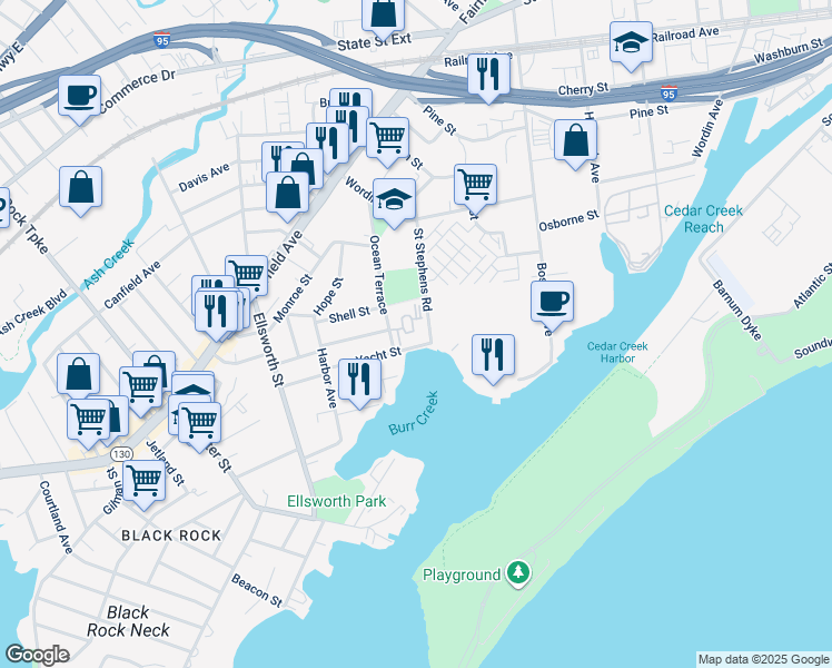 map of restaurants, bars, coffee shops, grocery stores, and more near 199 Yacht Street in Bridgeport