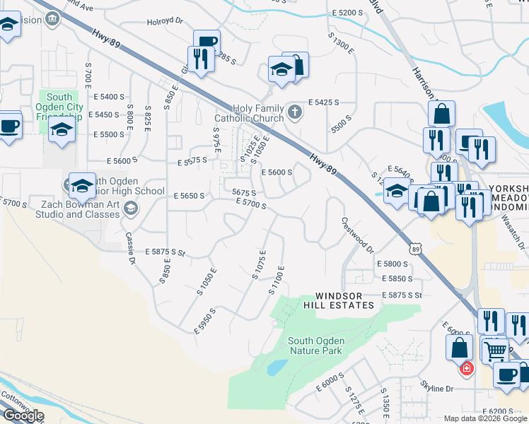 map of restaurants, bars, coffee shops, grocery stores, and more near 1059 East 5675 South in Ogden