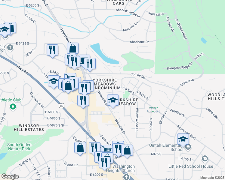 map of restaurants, bars, coffee shops, grocery stores, and more near 5700 Meadow Lane in South Ogden