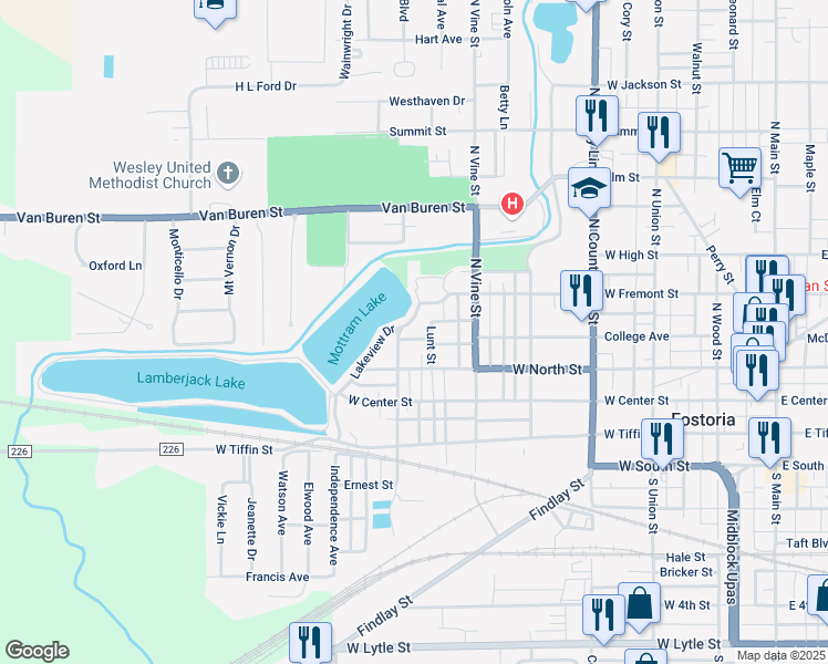 map of restaurants, bars, coffee shops, grocery stores, and more near 720 College Avenue in Fostoria