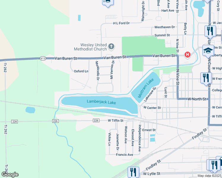 map of restaurants, bars, coffee shops, grocery stores, and more near 1217 Madison Road in Fostoria