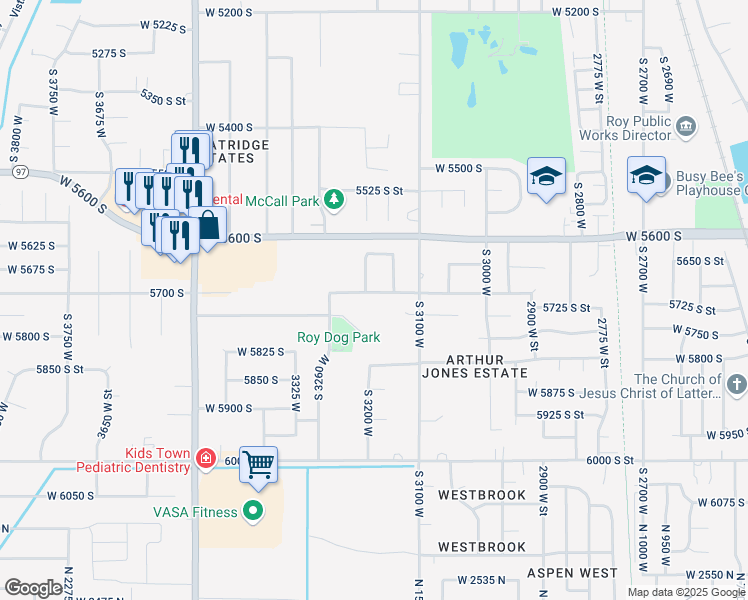map of restaurants, bars, coffee shops, grocery stores, and more near 3171 West 5700 South in Roy