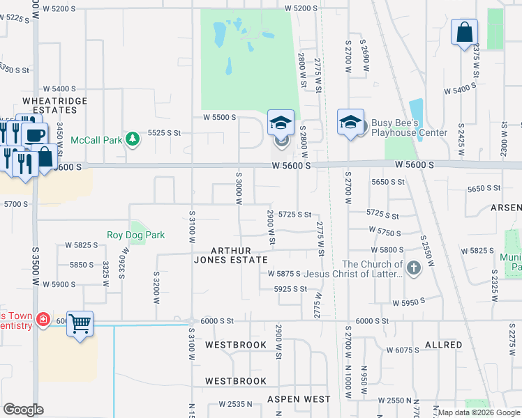 map of restaurants, bars, coffee shops, grocery stores, and more near 2937 West 5700 South in Roy