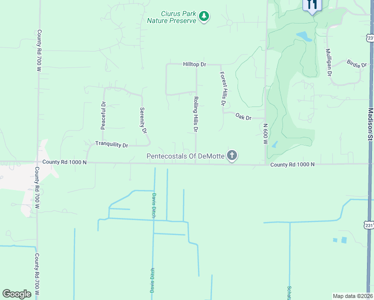 map of restaurants, bars, coffee shops, grocery stores, and more near 10186-10282 Rolling Hills Drive in De Motte