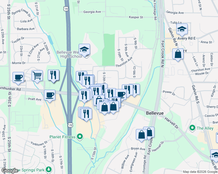 map of restaurants, bars, coffee shops, grocery stores, and more near 1108 Rebecca Court in Bellevue