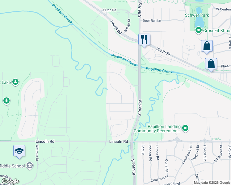 map of restaurants, bars, coffee shops, grocery stores, and more near 10310 South 98th Street in Papillion