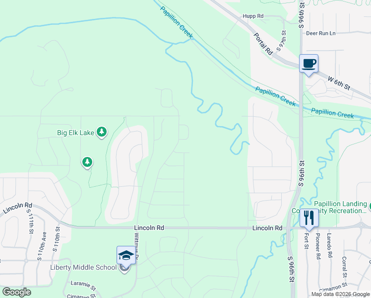 map of restaurants, bars, coffee shops, grocery stores, and more near 10202 Longshore Avenue in Papillion