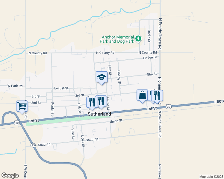 map of restaurants, bars, coffee shops, grocery stores, and more near 401 1/2 Maple Street in Sutherland